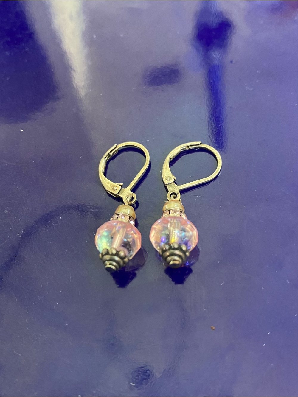 Gold Crystal Drop Earrings - Iridescent Pink Glass Beads